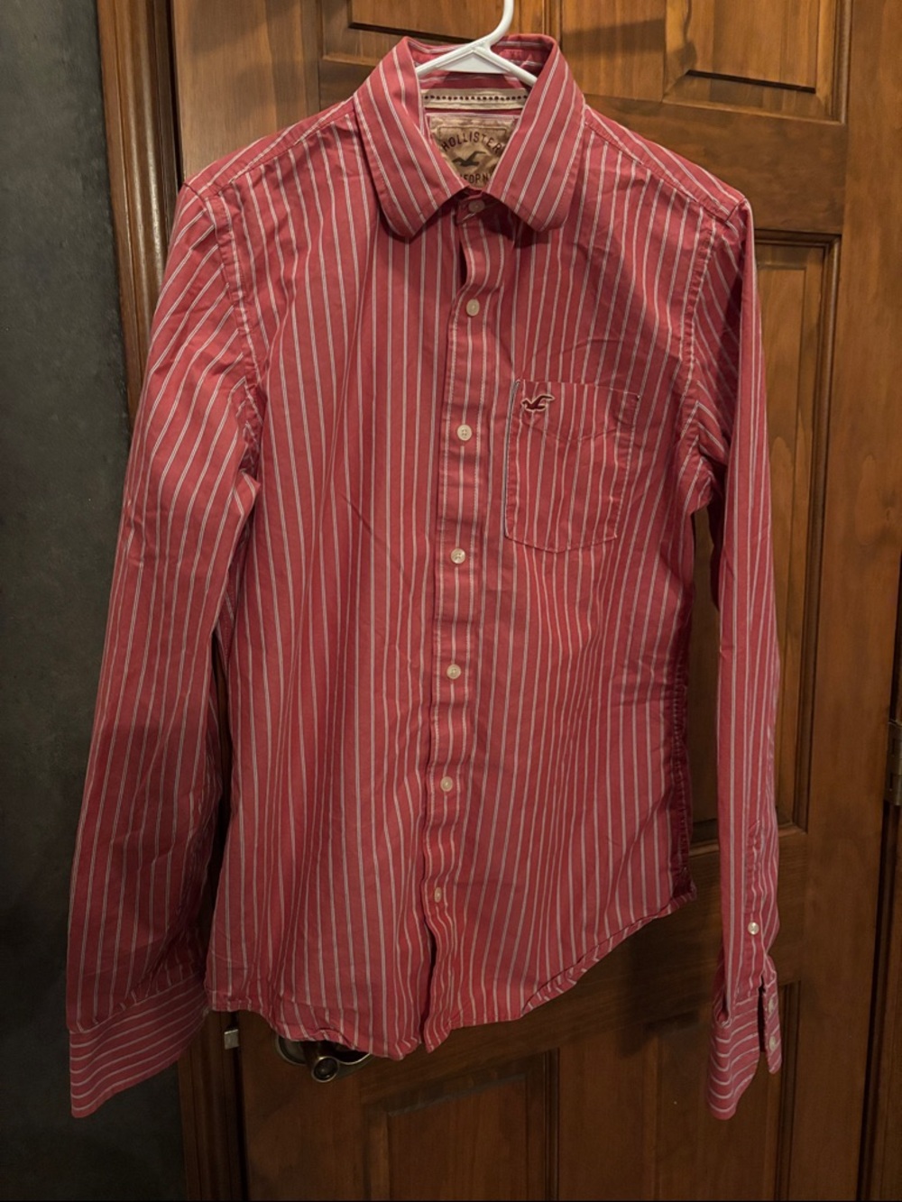 Hollister Men’s Red and White Striped Button-Down Shirt